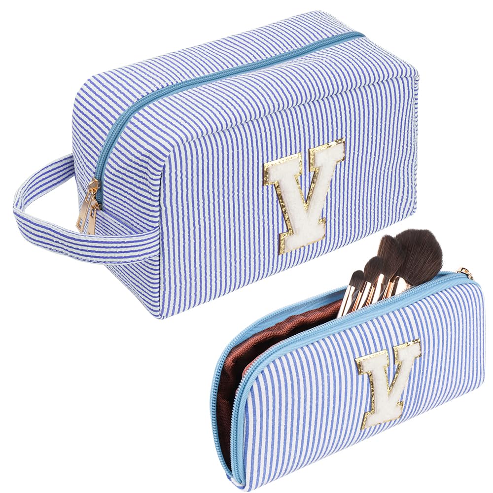 Large Makeup Bag,Travel Makeup Bag,Cute Initials Blue Corduroy Cosmetic Bag,Gift for Woman,Girlfriend,Best Friend,Mom,Daughter with Small Cosmetic Bag (V)