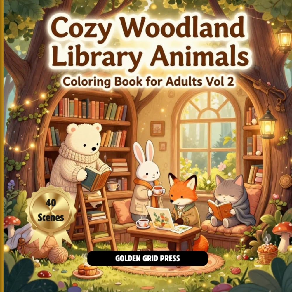 Cozy Woodland Library Vol. 2 Coloring Book For Adults: A soothing second volume of cozy woodland illustrations featuring adorable forest animals in easy relaxing coloring pages