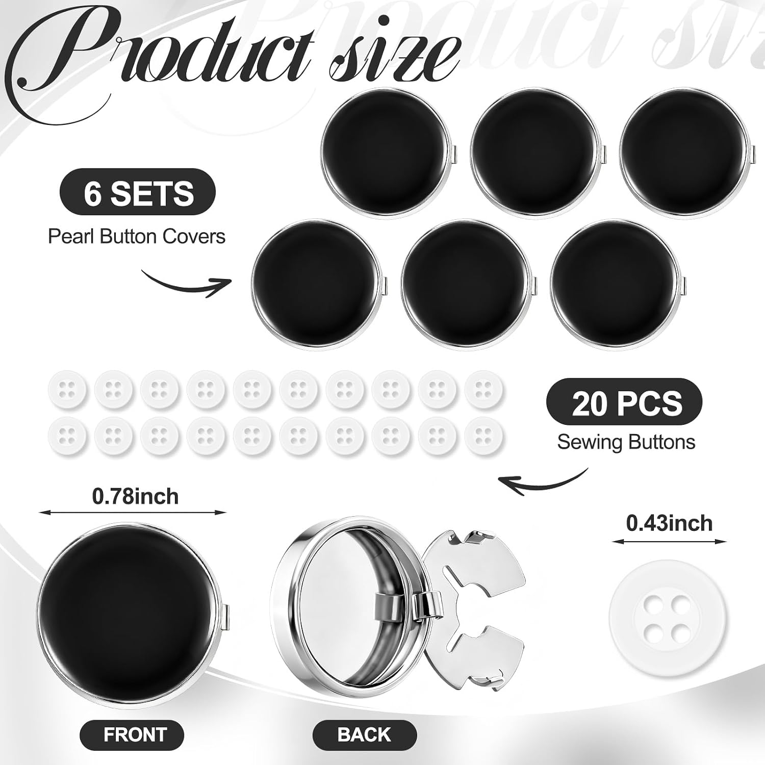 6 Sets Round Button Cuff Covers, Black, Clip on