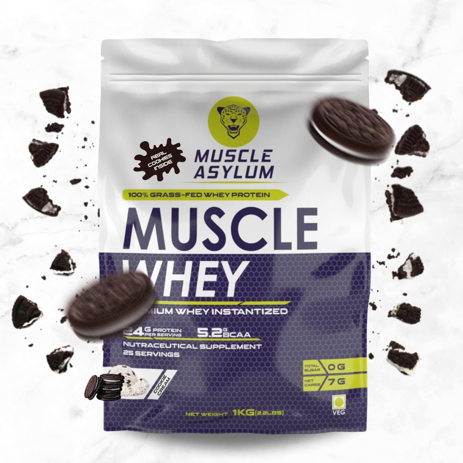 Muscle Asylum Premium Whey Protein with Real Cookies Inside l 1kg, 25 Servings l Cookie & Cream l With Genuine Lab Reports l Muscle Building & Recovery | Increased Muscle
