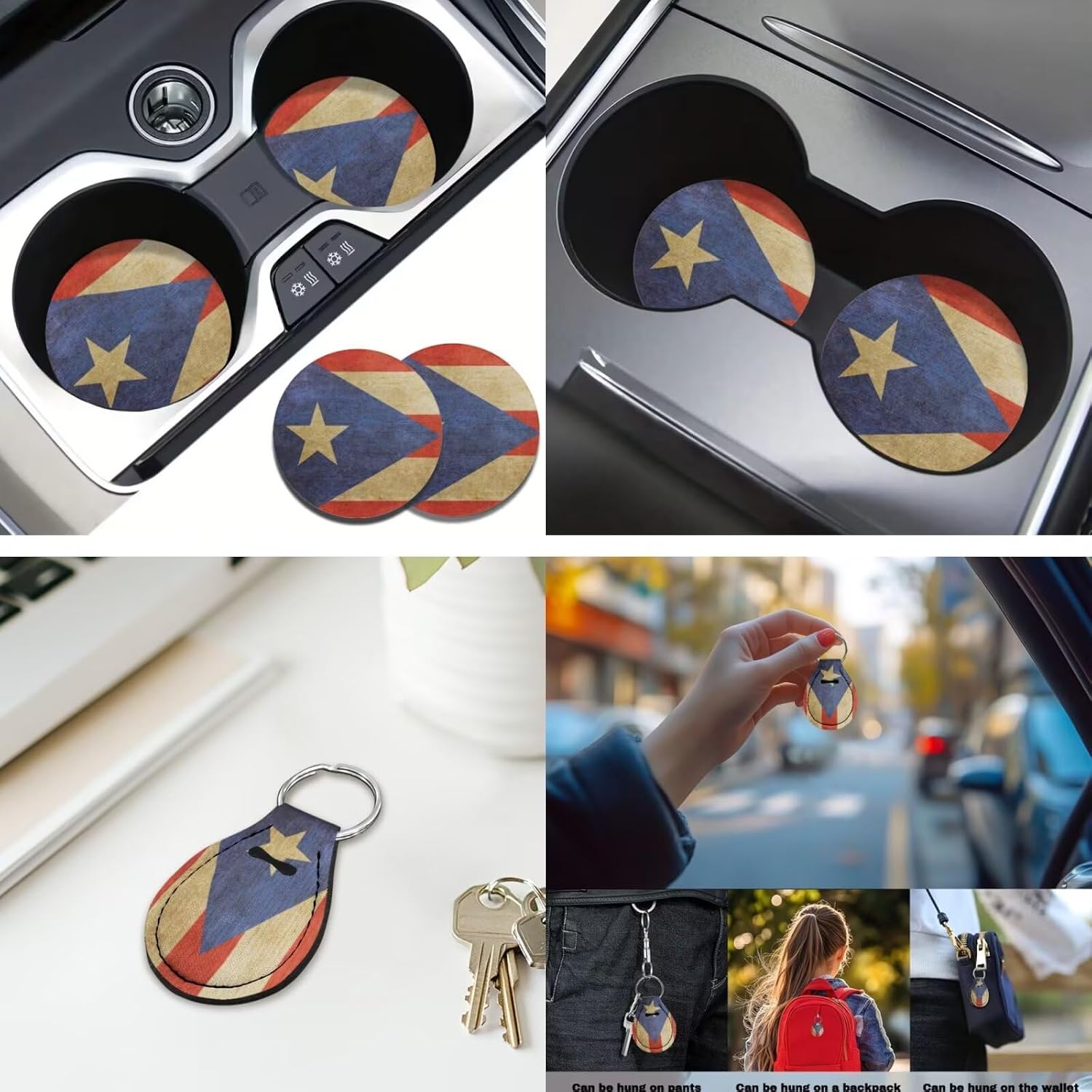 Vintage Puerto Rico 12 Pack Car Seat Covers Full Set with Auto Seat Belt Cover Car Armrest Cushion Cars Cup Coasters Steering Wheel Cover Universal Fit Most Cars SUV