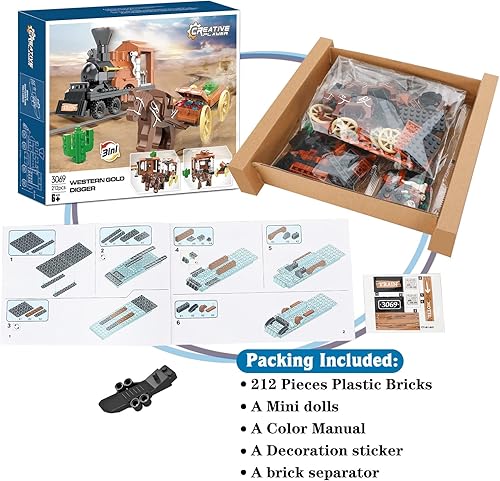 Miniatura 6 de Kit de construcción de carruaje de tren 3 en 1, caballos de animales y establos, posada y carruaje con decoración de cuerno, regalos creativos con