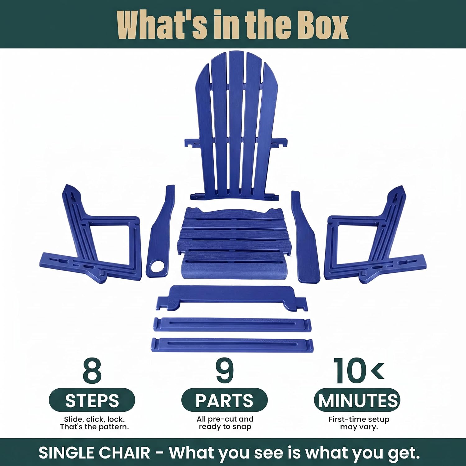Adirondack Chair with Cup Holder,Tool-Free Assembly,No Screws Needed,All-Weather HDPE Plastic Outdoor Patio Chair,Wood-Grain Slatted Look,Easy to Take Apart for Storage,Fire Pit Chairs（Navy blue）