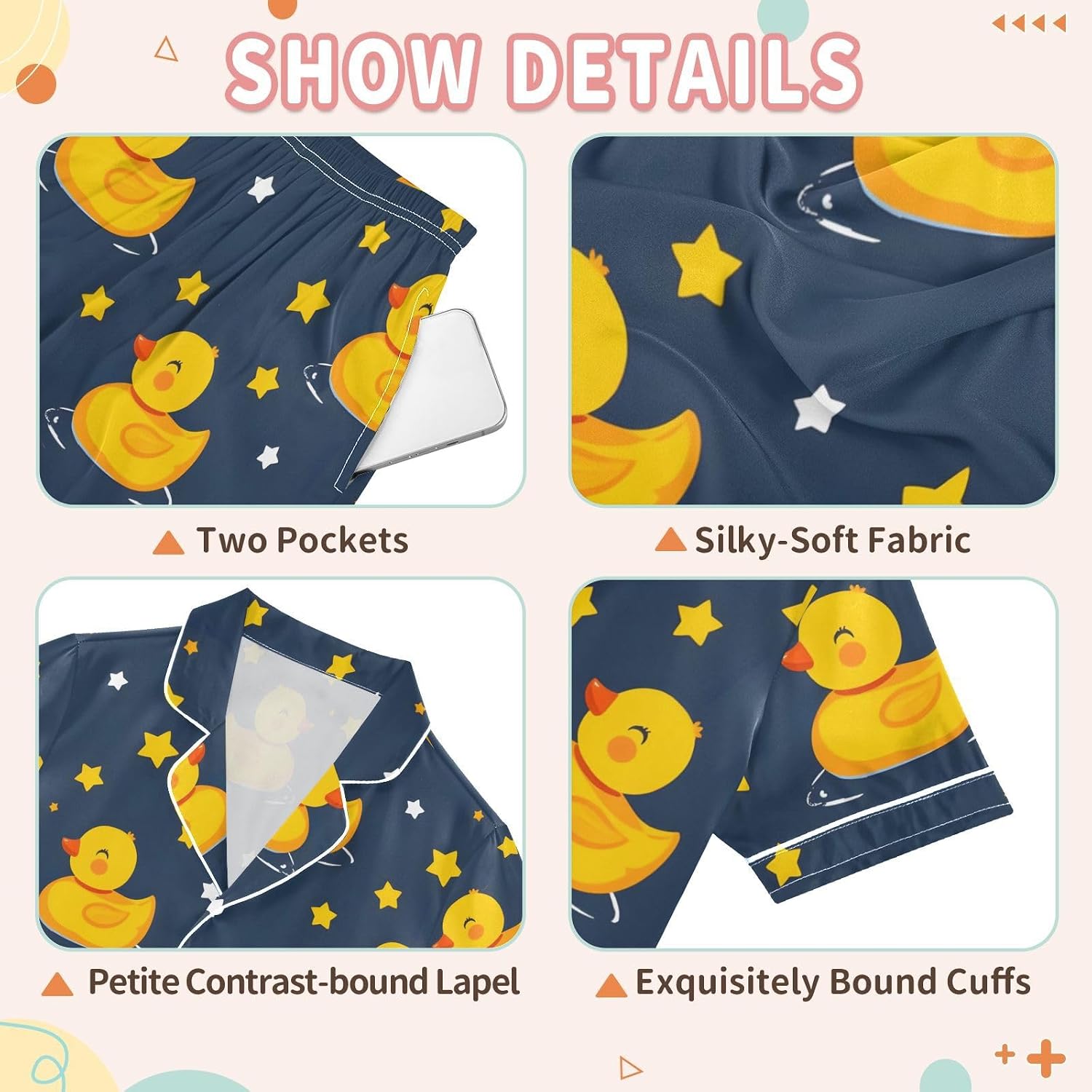 Cute Ducks Satin Pajamas Button-Down 2 Piece Loungewear Pj Set Sleepwear Nightwear
