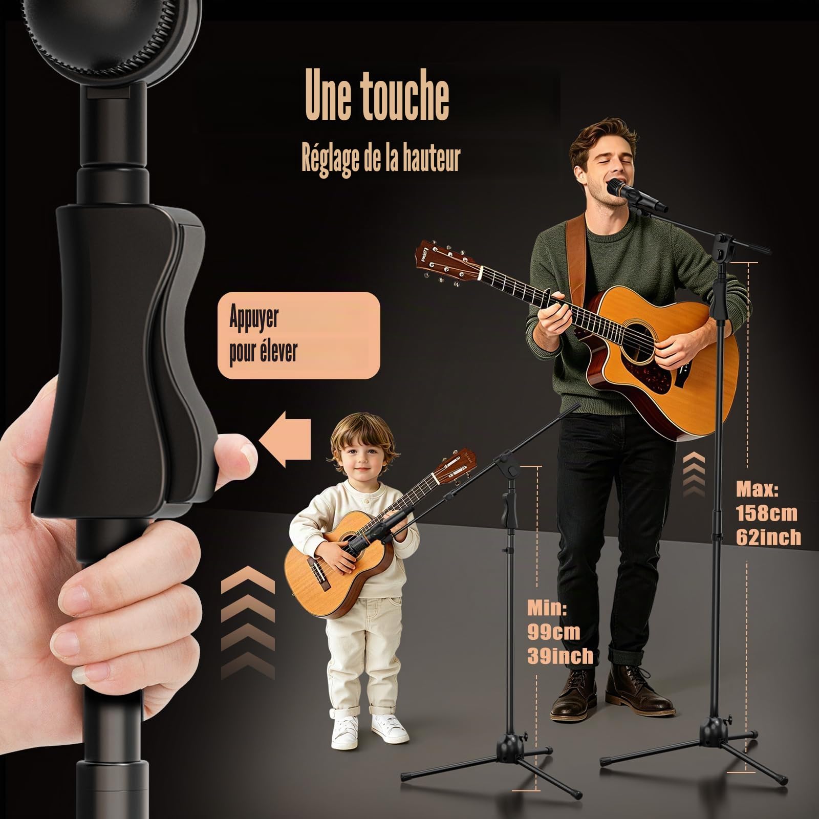 Support Microphone à Pied, Trépied avec Perche,Pinces et Adaptateur | Support Microphone, Robuste et Réglable, Performance, Chant, Discours, Mariage, Scène et Extérieur