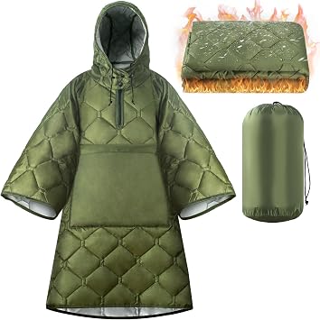 Hooded Camping Blanket Poncho, Stadium Woobie Blanket, Machine Washable/650FP Insulation, Ultralight & Packable, Fit Most Adult Sizes, Can Be Used as Shawl/Wearable Sleeping Bag/Cloak