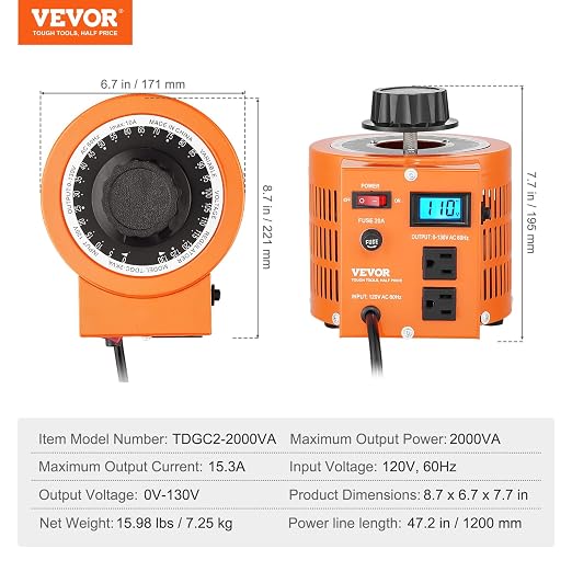 Transformador variable de voltaje 2000VA 15.3A VEVOR miniatura 7