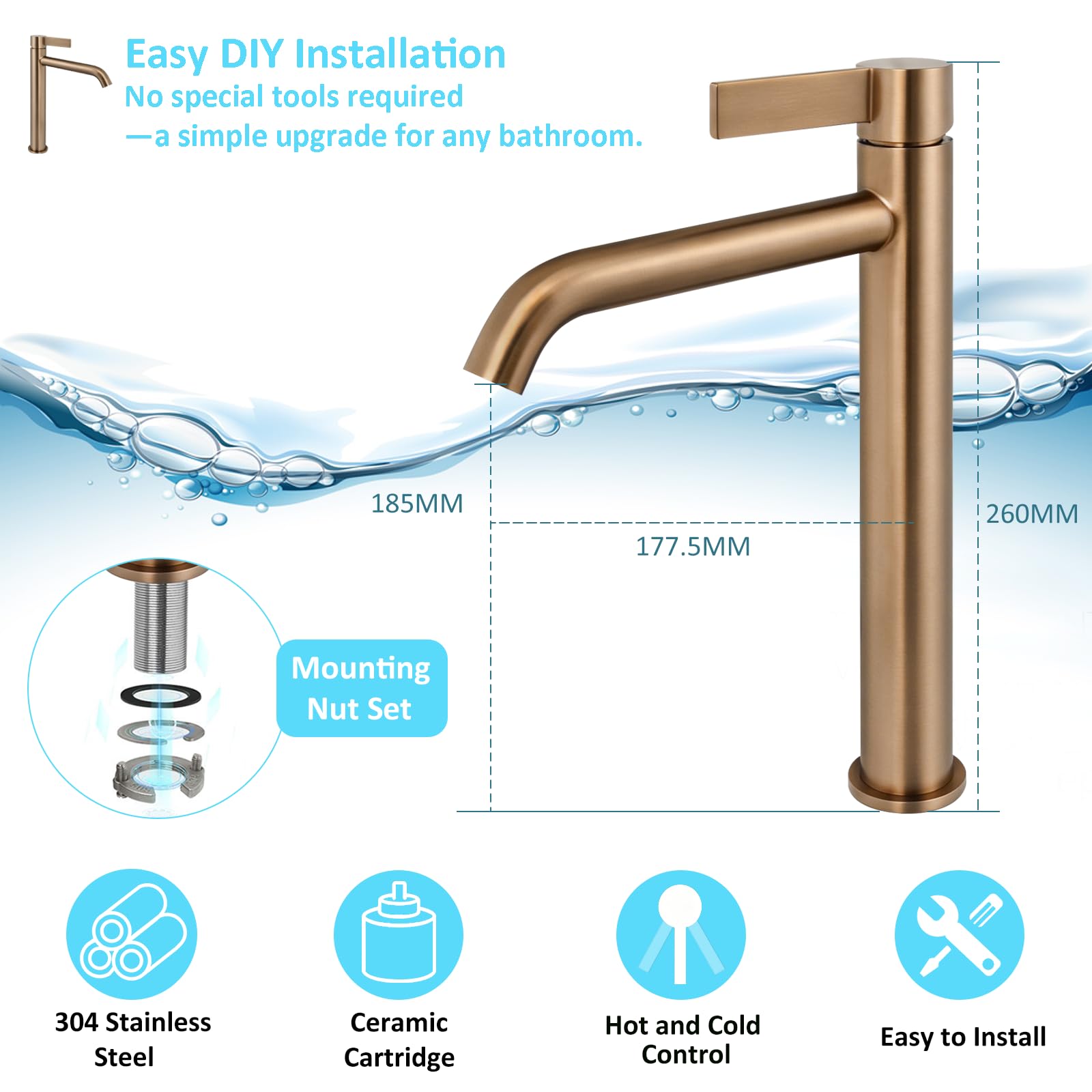 Mitigeur Lavabo Salle de Bain Haut, Robinet Lavabo Vasque à Poser