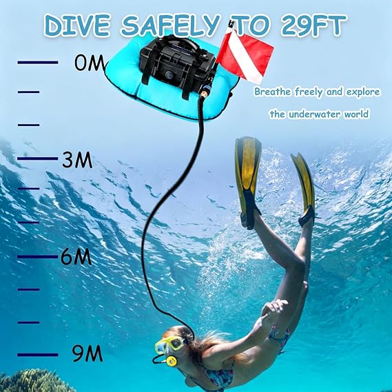 Tankless Underwater Breathing Device, 52L/Min Scuba Diving Equipment Respirator with 9m Hose, 50-70min Endurance for Underwater Exploration Red-1Battery