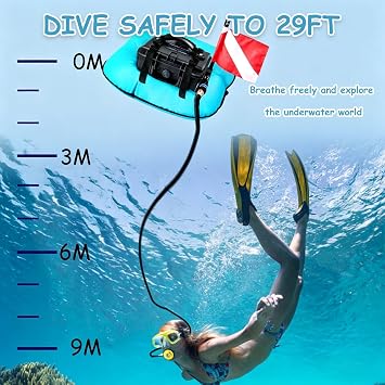 Tankless Underwater Breathing Device, 52L/Min Scuba Diving Equipment Respirator with 9m Hose, 50-70min Endurance for Underwater Exploration Red-1Battery