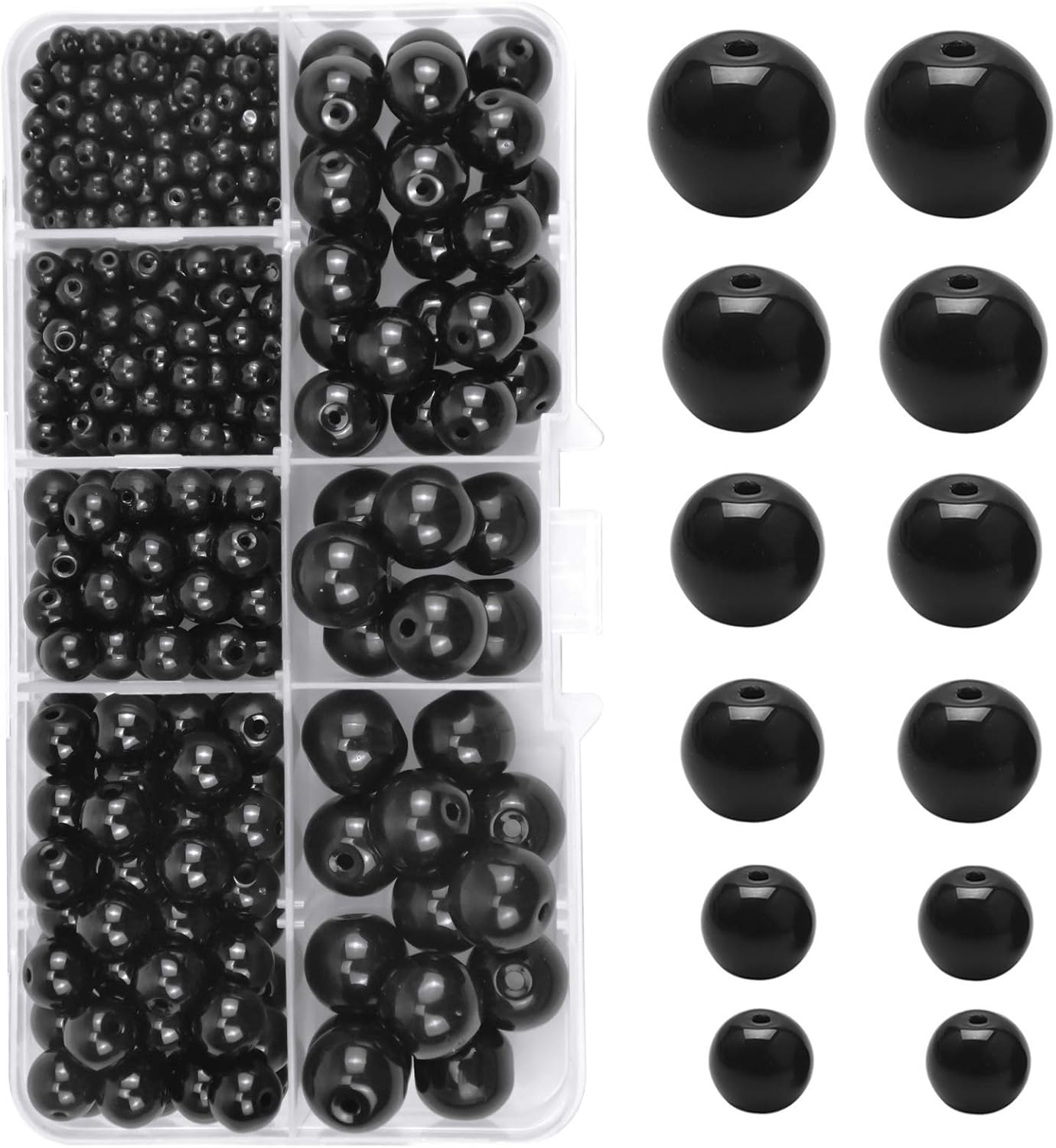 445 PCS Glass Beads 3-10mm Light Round Smooth Surface Clear Spacer Beads with Holes Crystal Beads Kit for DIY Crafts Making Bracelet Necklace Jewelry (Black)