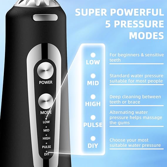 Water Flosser,300ML Water Pulse flossers-5 Modes&6 Replaceable Jet Tips for Teeth Cleaning and Flossing,Rechargeable (Black)