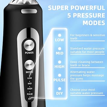 Water Flosser,300ML Water Pulse flossers-5 Modes&6 Replaceable Jet Tips for Teeth Cleaning and Flossing,Rechargeable (Black)