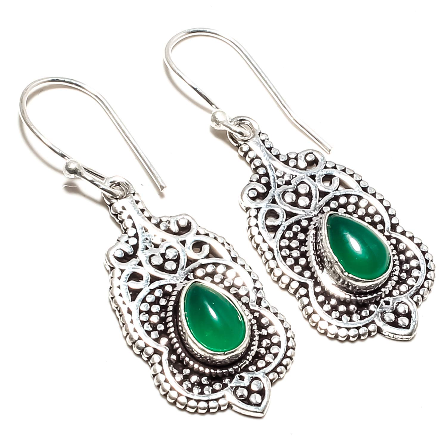 Boucle d'oreille en onyx vert et argent 925 fait main chic