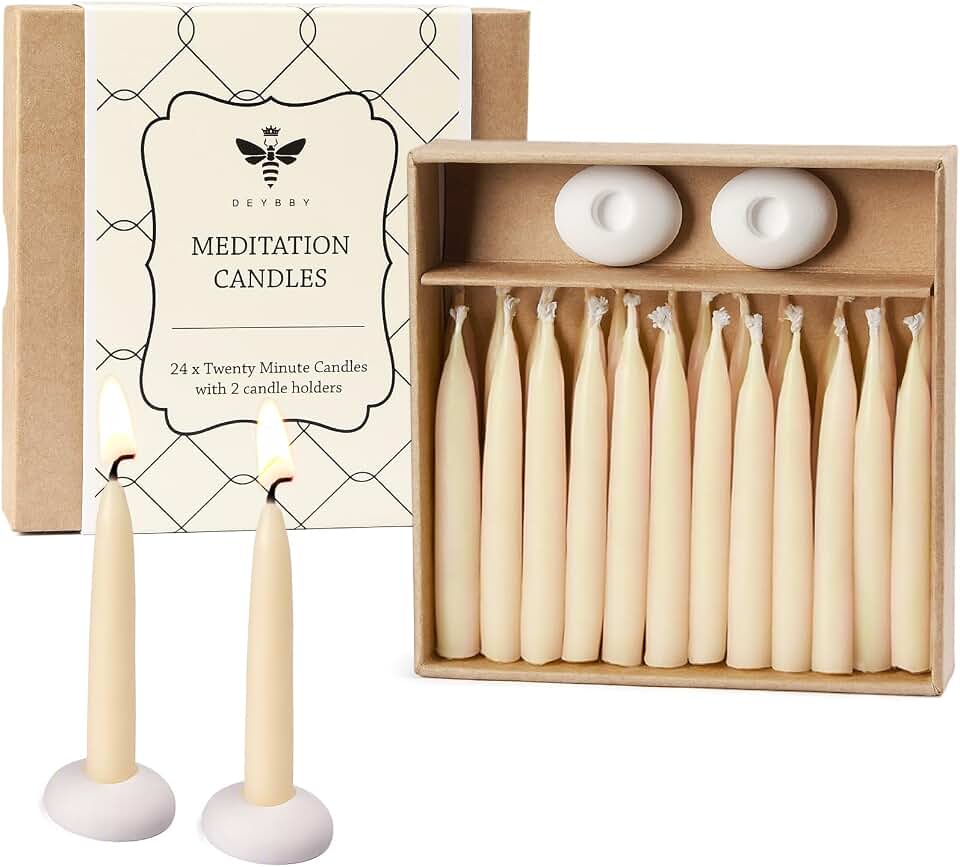 DEYBBY 20 Minute White Beeswax Meditation Candles 24pcs | Mini Beeswax Taper Candle Gift Set with 2 Small Candle Holders