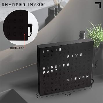Sharper Image LED Word Digital Clock, 7.75, Black Finish, Light-Up Desk & Wall Clock, Modern Time Display, Shelf or Wall Decor for Home Office, Living Room, Kitchen & Bedroom, Housewarming Gift