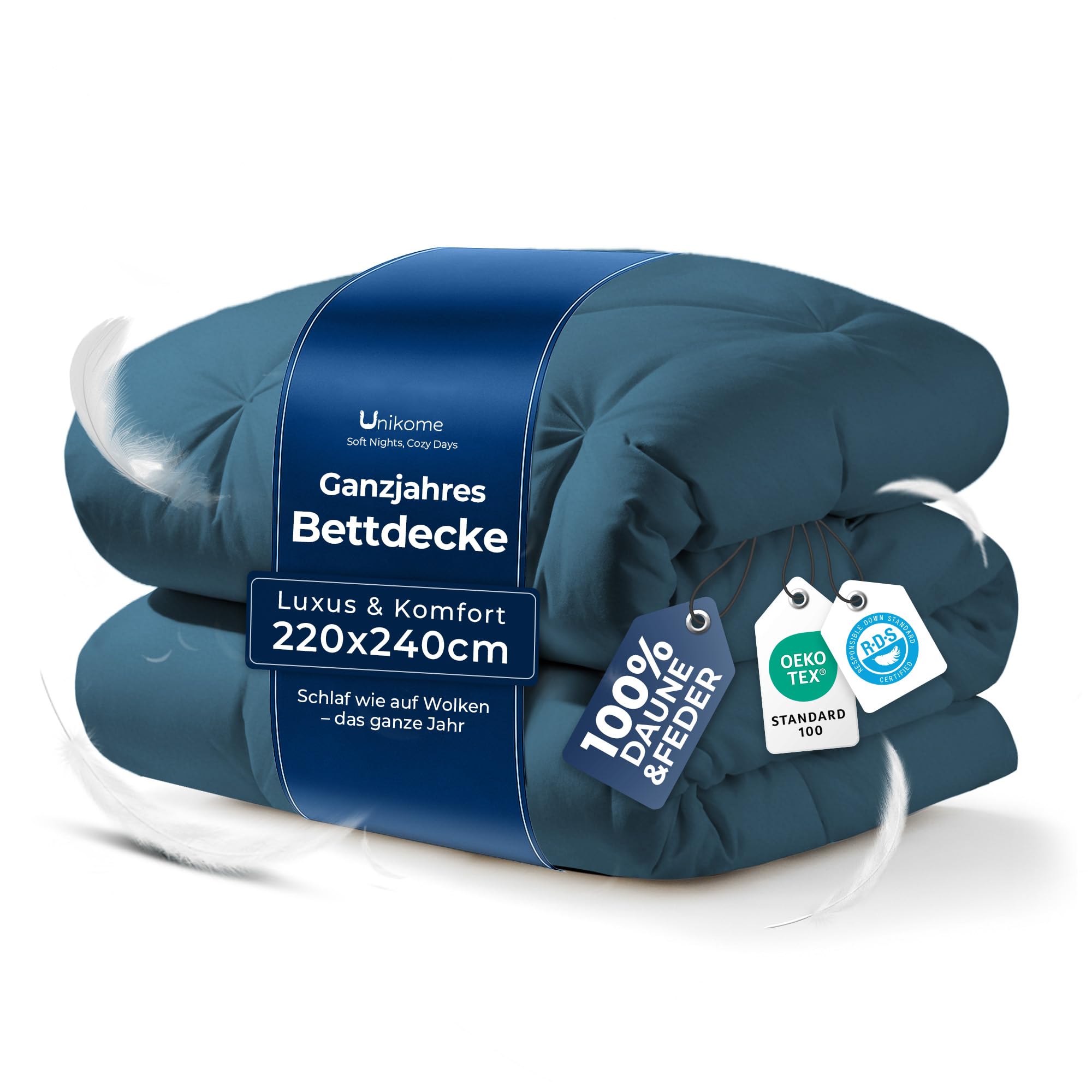 UNIKOME Bettdecke 220x240cm, Daunendecke Mit 100% Baumwolle Bettzug, Ganzjahresdecke Mit 2220g Daunen|Feder Füllung, 3D Flaumige Konstruktion Duvet Atmungsaktiv,Waschbar, Öko-Tex, RDS, Marineblau