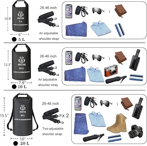 Miniatura 4 de Bolsa seca impermeable 5L10L20L - Mochila impermeable enrollable para kayak con doble cierre de cremallera y correa de hombro ajustable, Negro, 5 l,