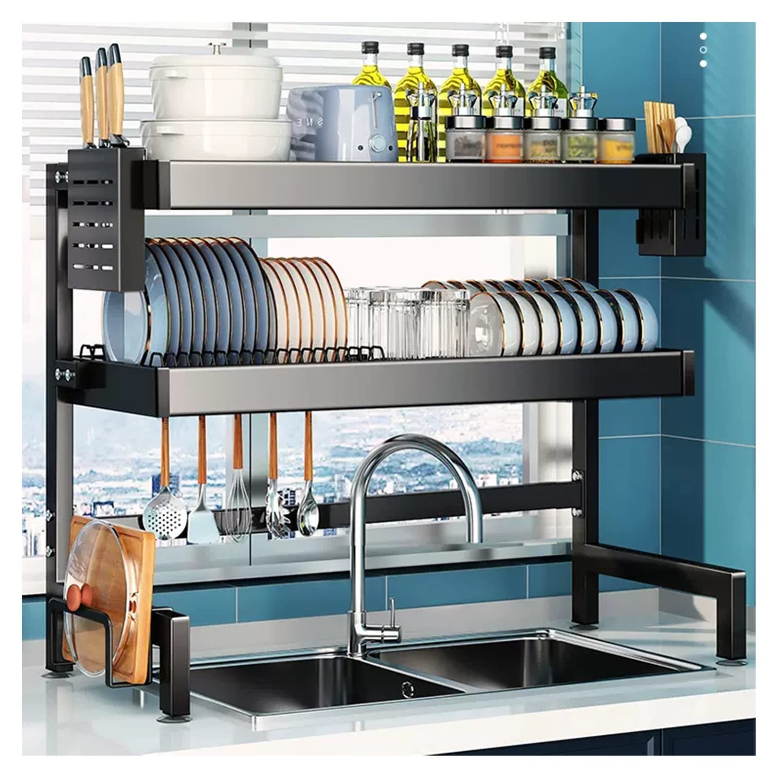Dish Rack 2-Tier Kitchen Counter Dish Drainer Rack Over The Sink Dish Drying Rack with Fruit Basket Utensil