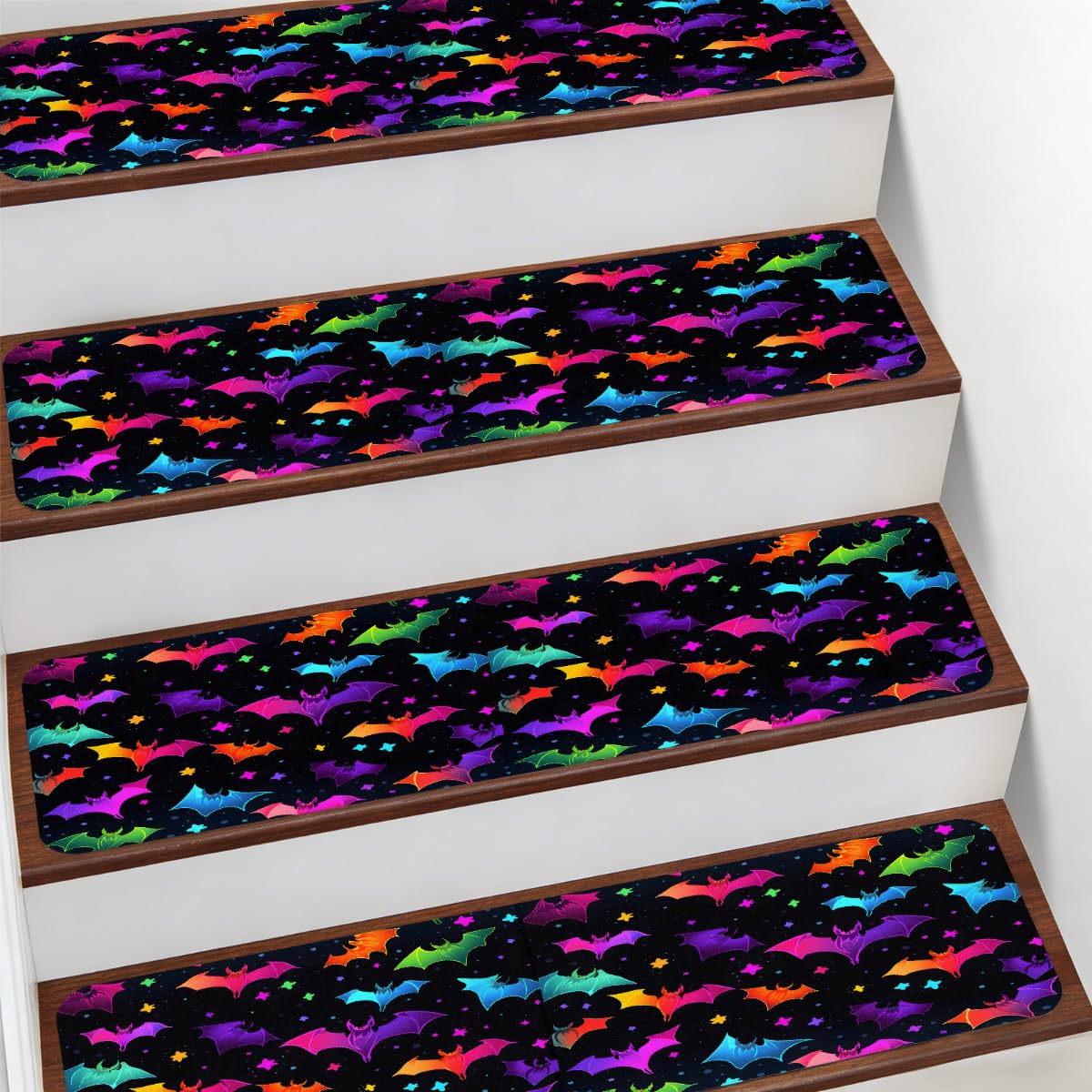 Alfombra para escaleras Mexpekil de 7.8x30" con diseño de murciélagos coloridos