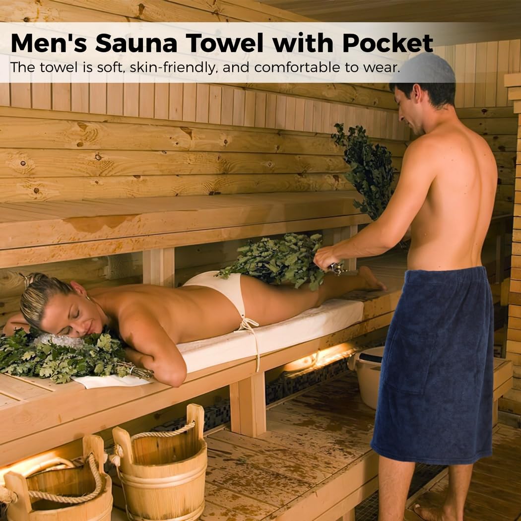 Sauna Kilt für Herren mit Tasche, Männer Sauna Handtuch mit praktischer Tasche, tragbares Badetuch für Männer, verstellbares Saunatuch, Duschtuch mit elastischem Bund und Nylon-Klettverschlüssen