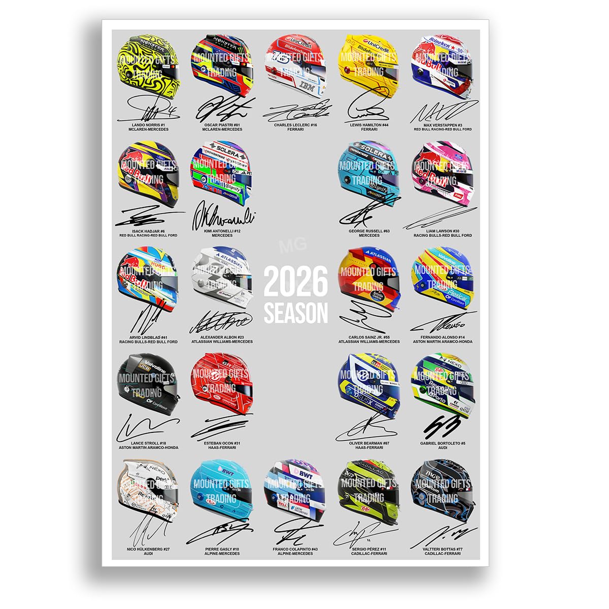 Mounted Gifts Trading Formula One 2026 Season F1 All Drivers Signed Poster Print Picture Photo Autograph Gift Helmets Lewis Hamilton Lando Norris George Russell Oliver Bearman (F1 2026 (A4 Unframed))