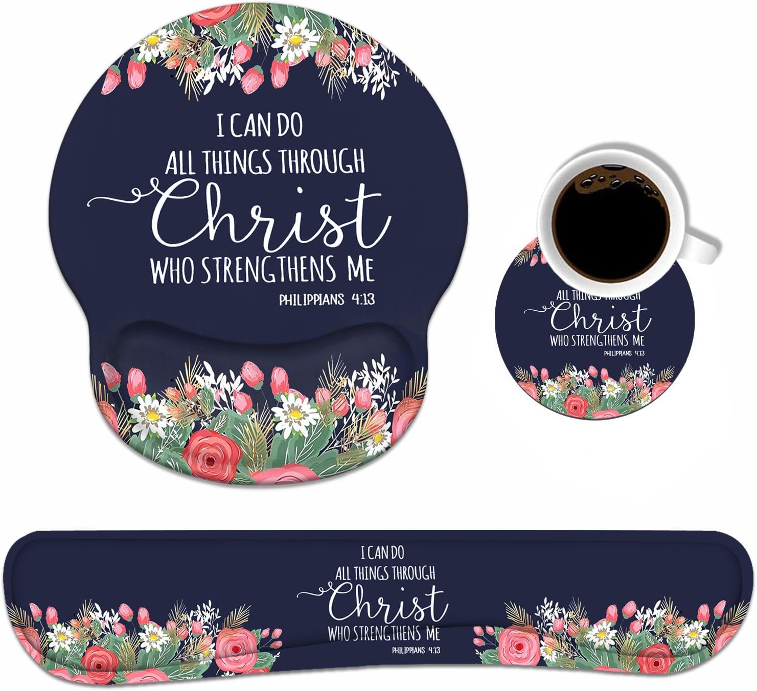 Keyboard Wrist Rest and Mouse Pad Wrist Support Set with Coasters, Floral Quote Bible Verse Philippians 4-13 Design with Non-Slip PU Base Ergonomic Mouse Pad for Home Office Working Studying