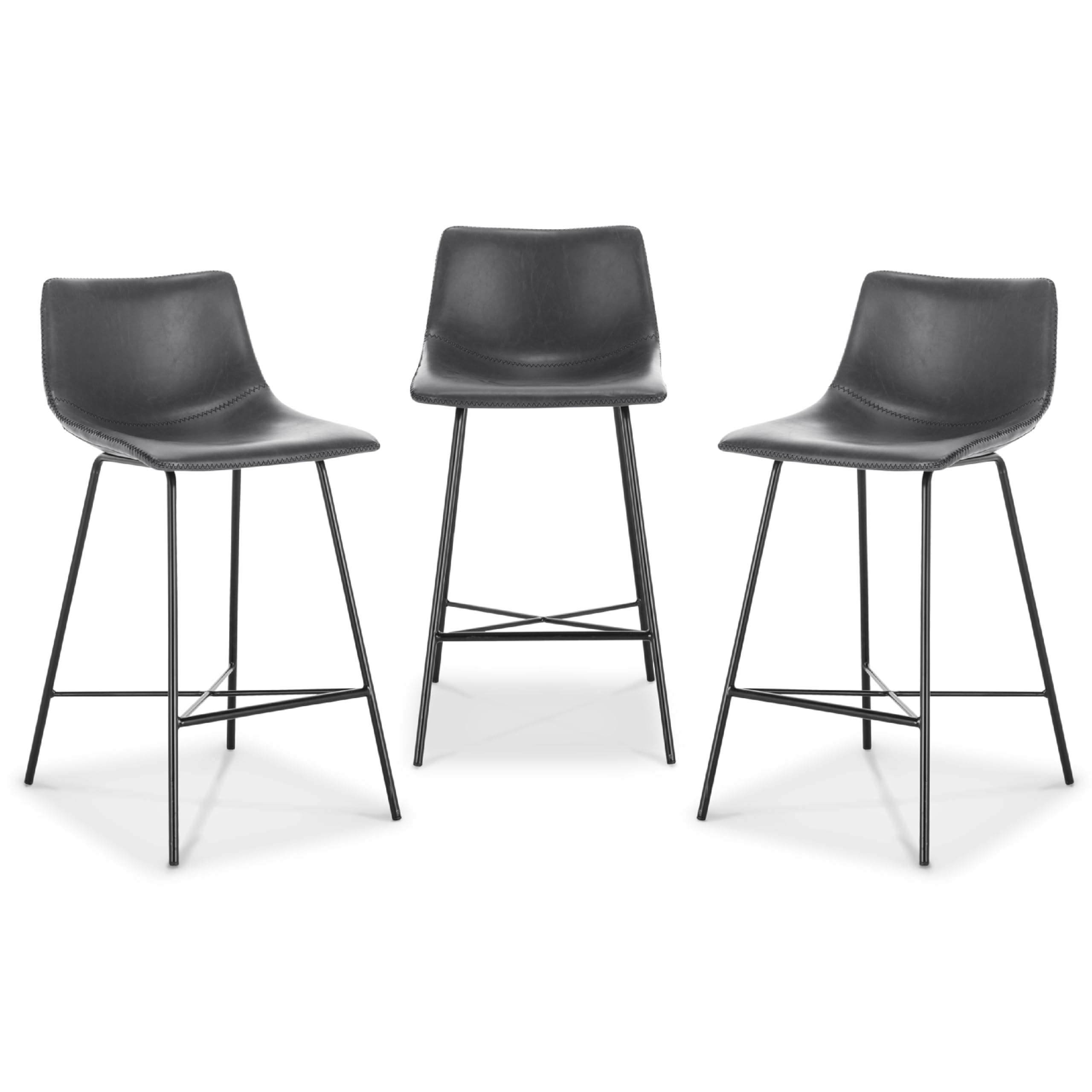 POLY & BARK Paxton Leather Counter Stools 24 Inches - Set of 3 - Counter Height Bar Stools with Back - Modern Barstools for Kitchen Island or Counters