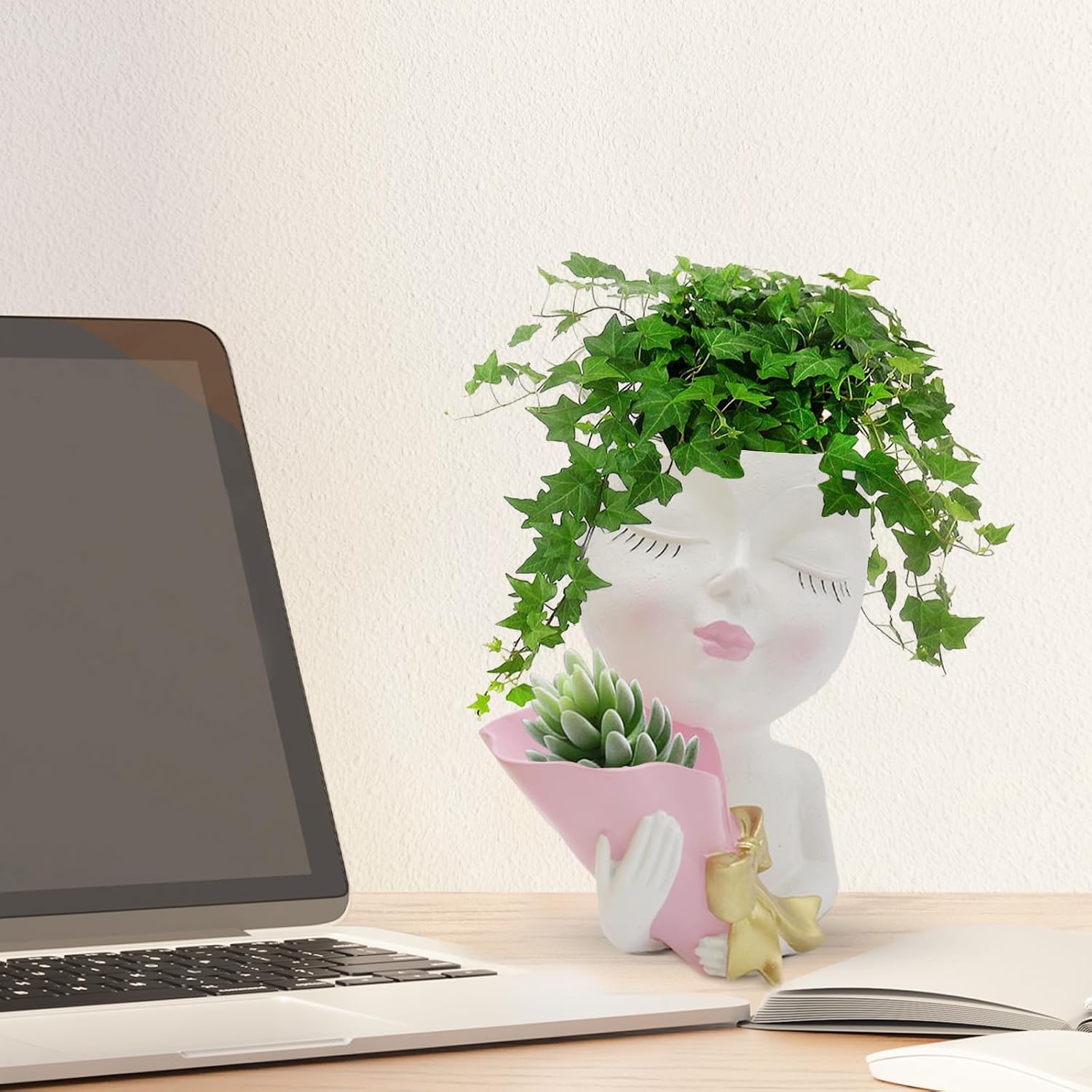 Face Planter Pots Head Planter Lady Succulent Planters Women Face Double Flower Pot Head Planter for Indoor Outdoor Plants with Drainage Hole (White)