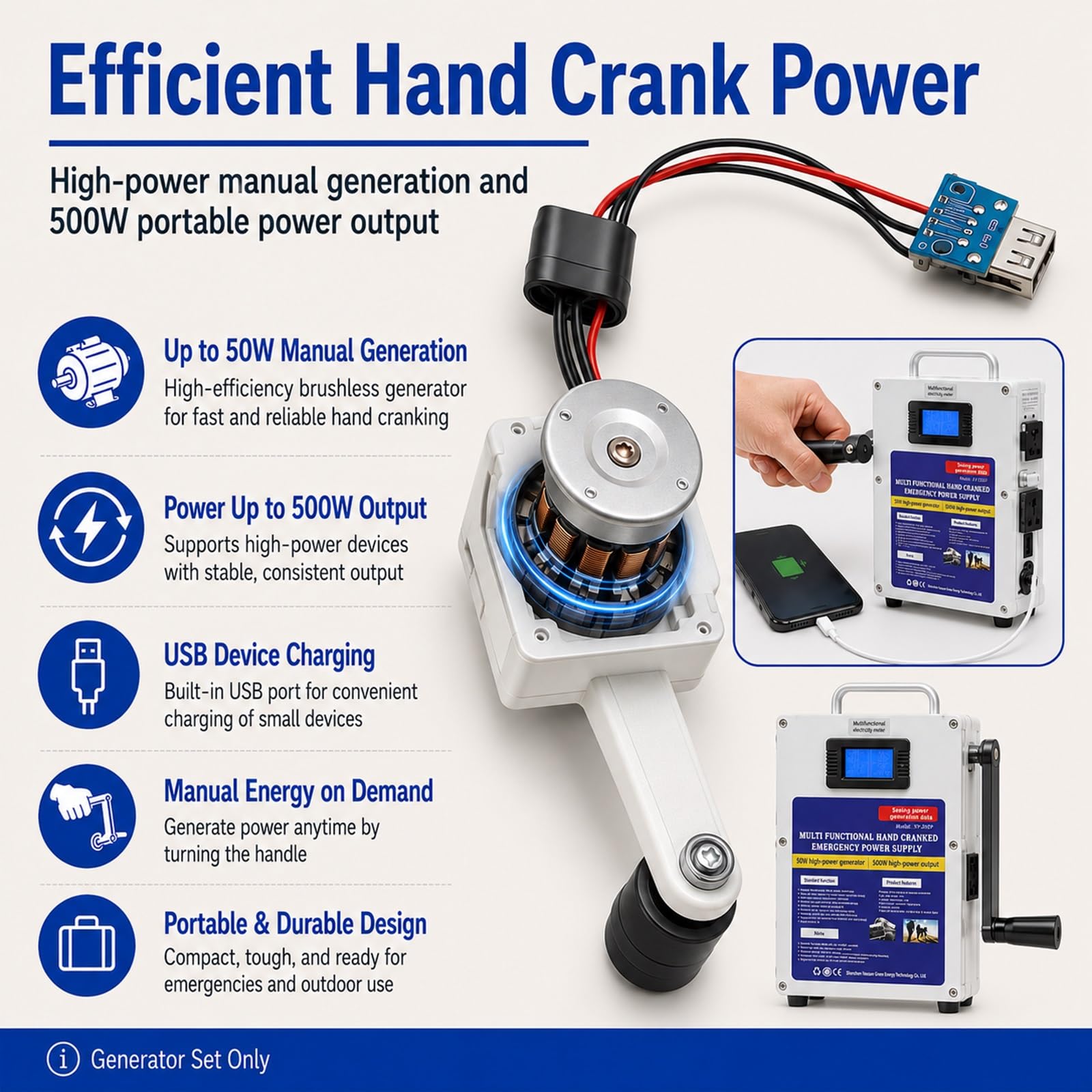 Generador de Manivela 500W Estación de Energía Portátil Cargador Manual
