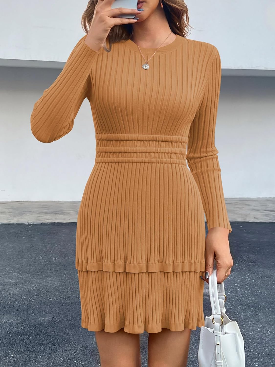 Wenrine Womens Long Sleeve Sweater Dress Casual Ribbed Knit Crewneck A Line Slim Fit Tiered Fall Mini Dresses - Image 5