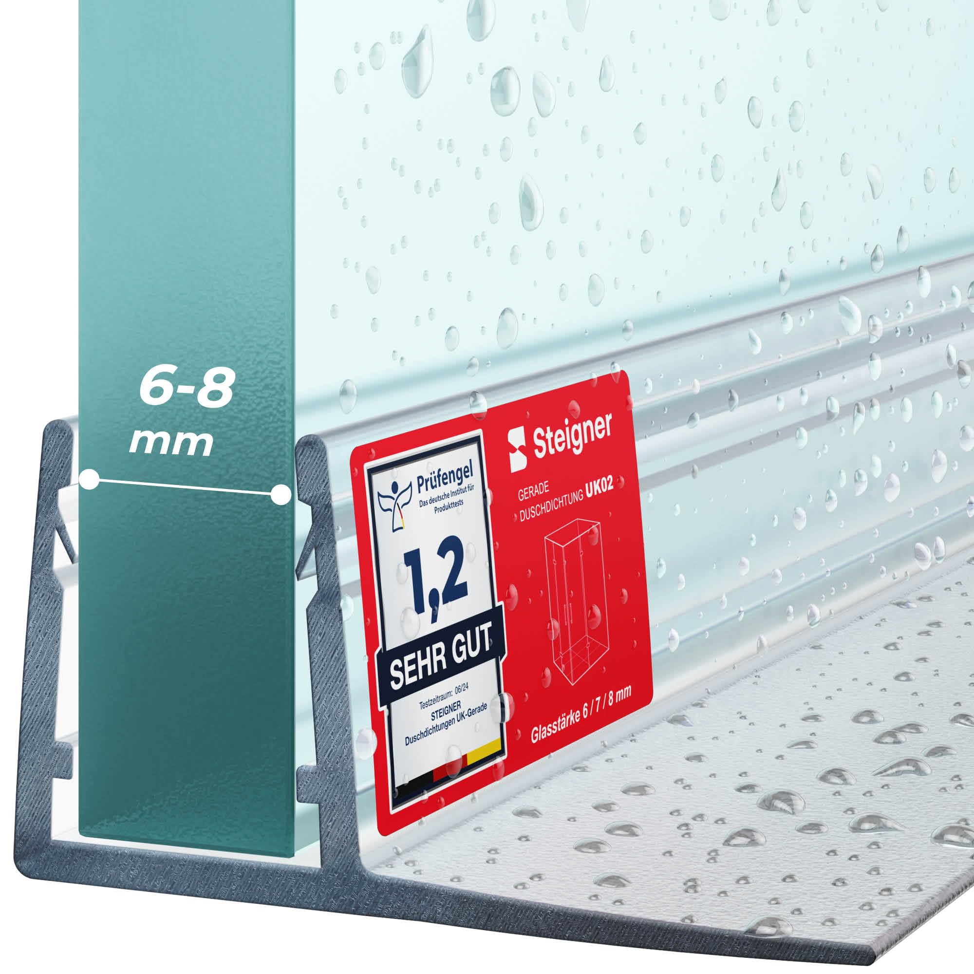 STEIGNER Junta mampara ducha UK02 200 cm (1 ud.) transparente - Junta vertical para ducha angular o pentagonal con puerta 6-8 mm - Ajuste perfecto, Impermeable, Fácil instalación, Acabado discreto