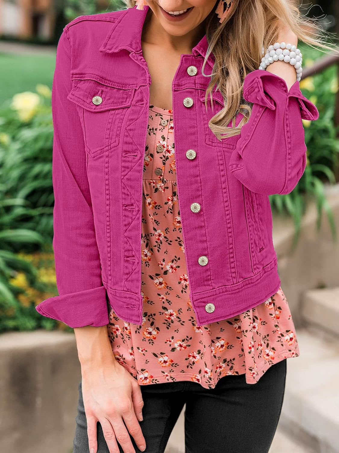 luvamia Women's Basic Button Down Stretch Fitted Long Sleeves Denim Jean Jacket - Image 4