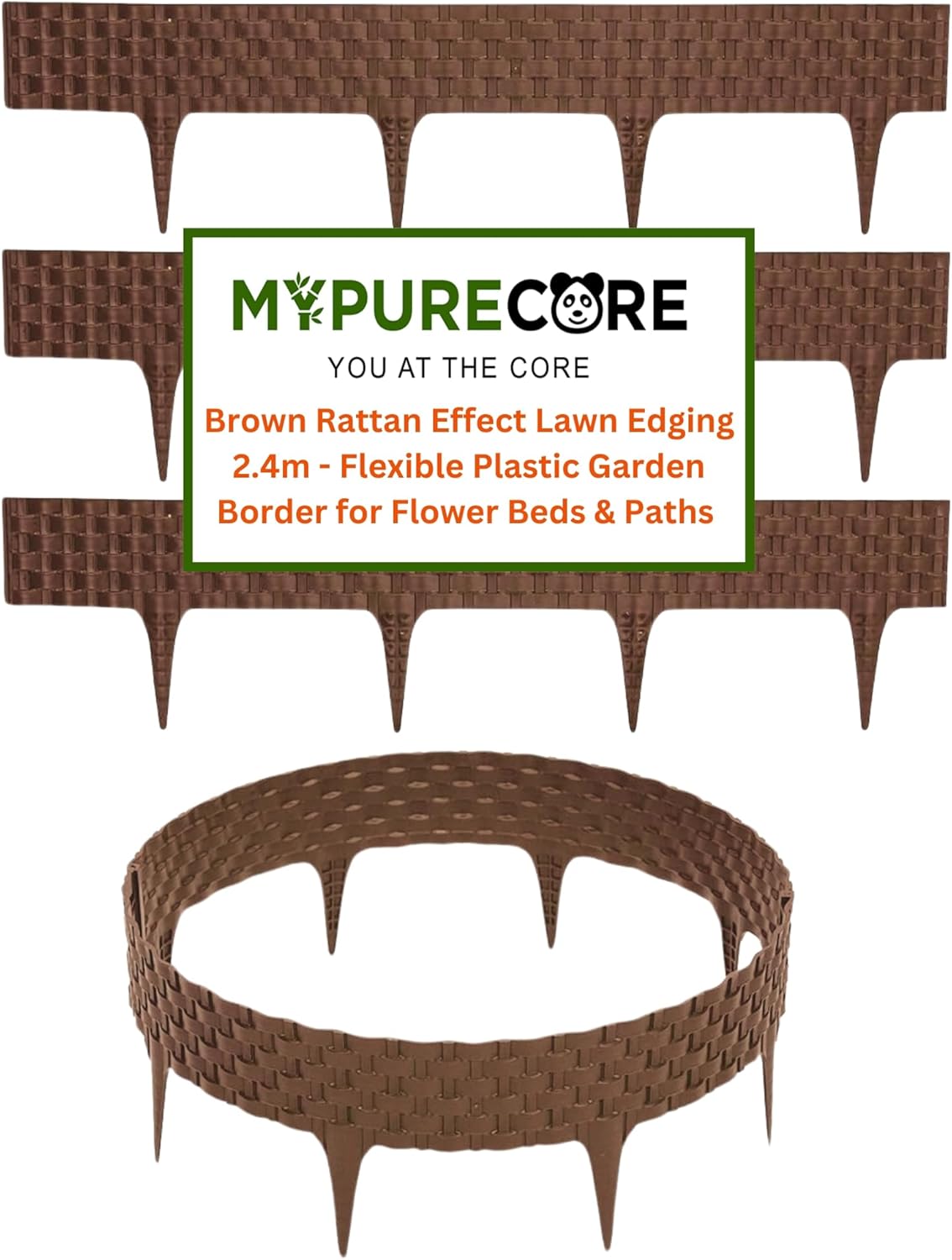 MYPURECORE Brown Rattan Effect Lawn Edging 2.4m Flexible Plastic