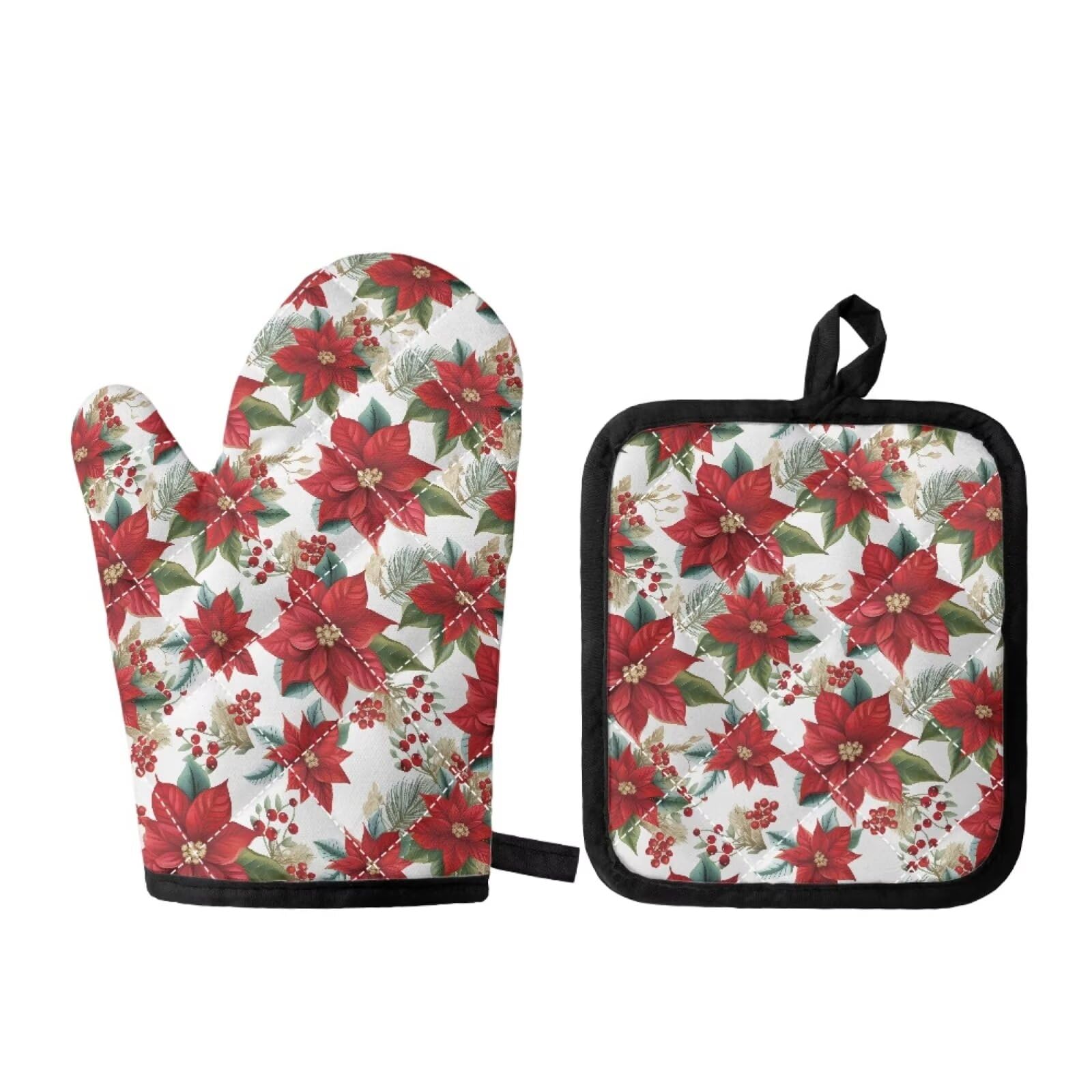 JOAIFO Christmas Oven Mitts and Pot Holders Reusable Kitchen Gloves Christmas Kitchen Decorations Slip Resistant Flexible Oven Gloves Heat Resistant Gloves for Cooking BBQ, Red Flower