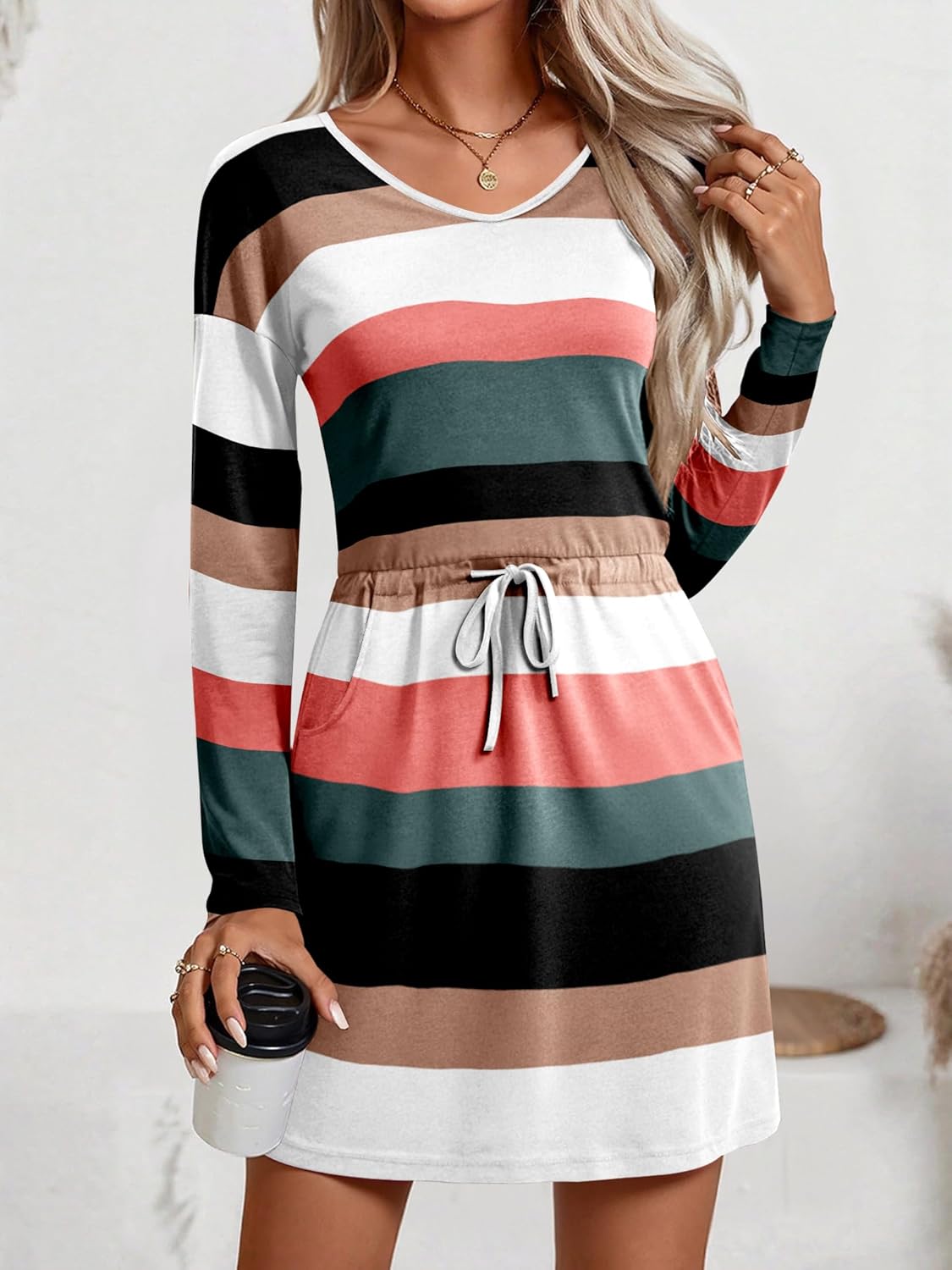 LUXVEER Women's Long Sleeve Dress V Neck Drastring Waist Casual Short Mini Dresses 2025 Trendy Fall Outfits - Image 3