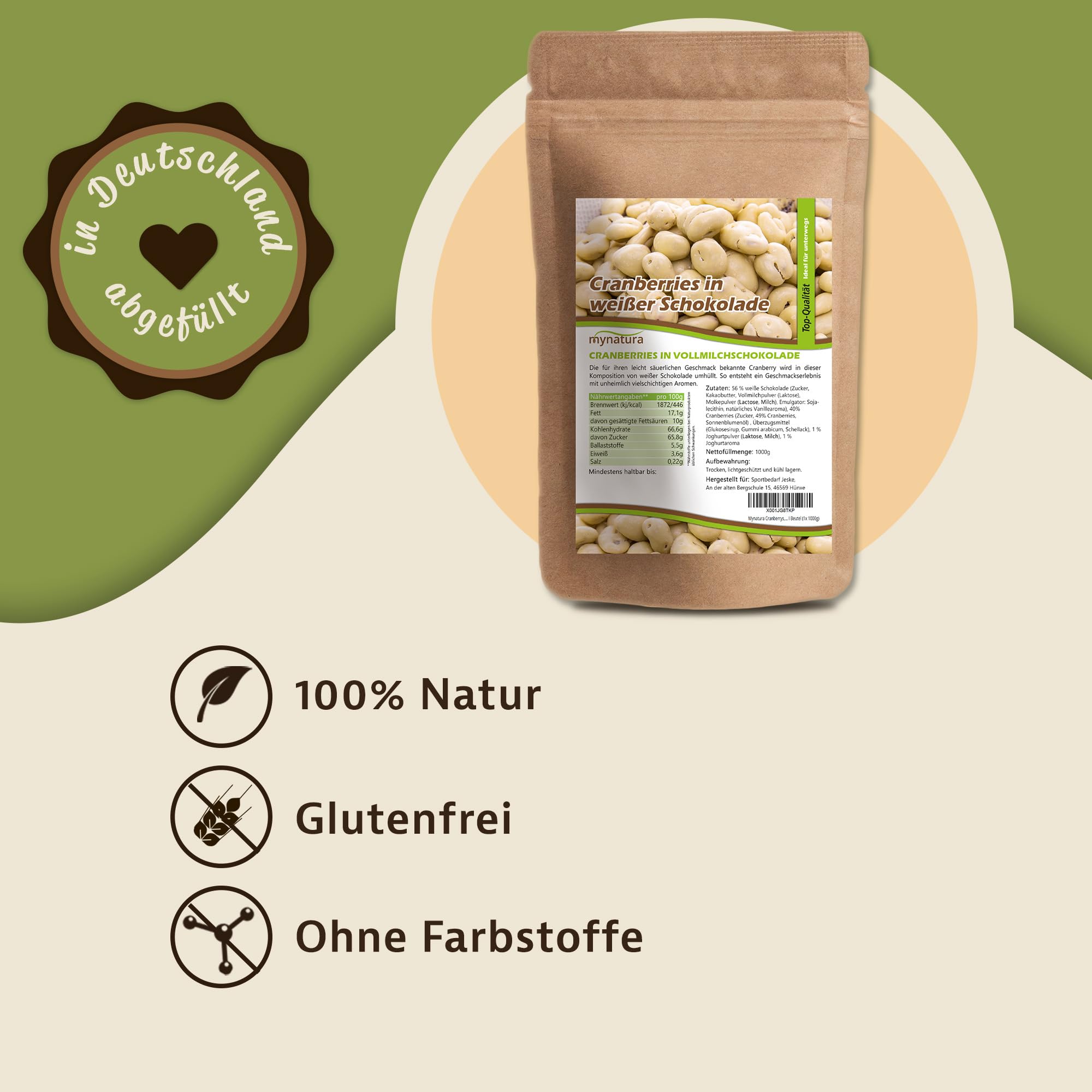 Mynatura Cranberrys, getrocknet, in weißer Schokolade I Cranberry I mit Schokolade umhüllt I Müsli I Snack I Cranberries I Süß I Beutel (2x 1000g)