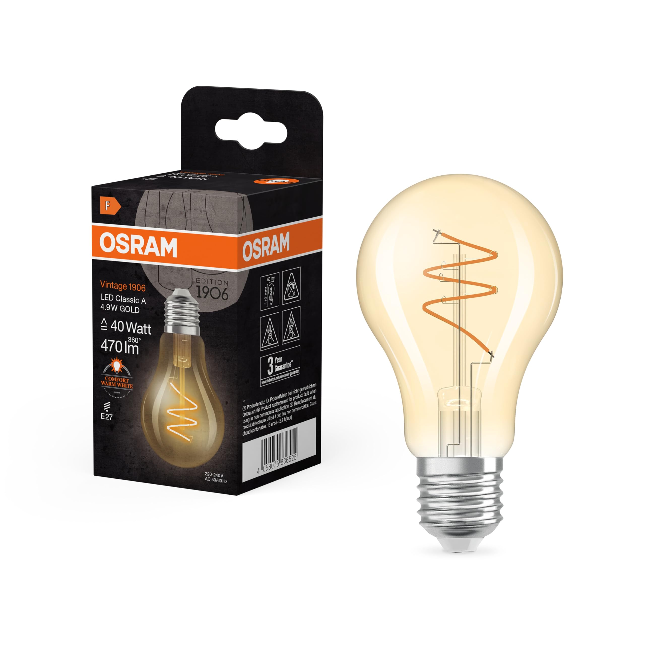 Osram Vintage 1906 Classic is a Warm White with a Classic Filament 4.9W @ 470 Lumens E27 Gold Glass Diameter 60mm 2200K