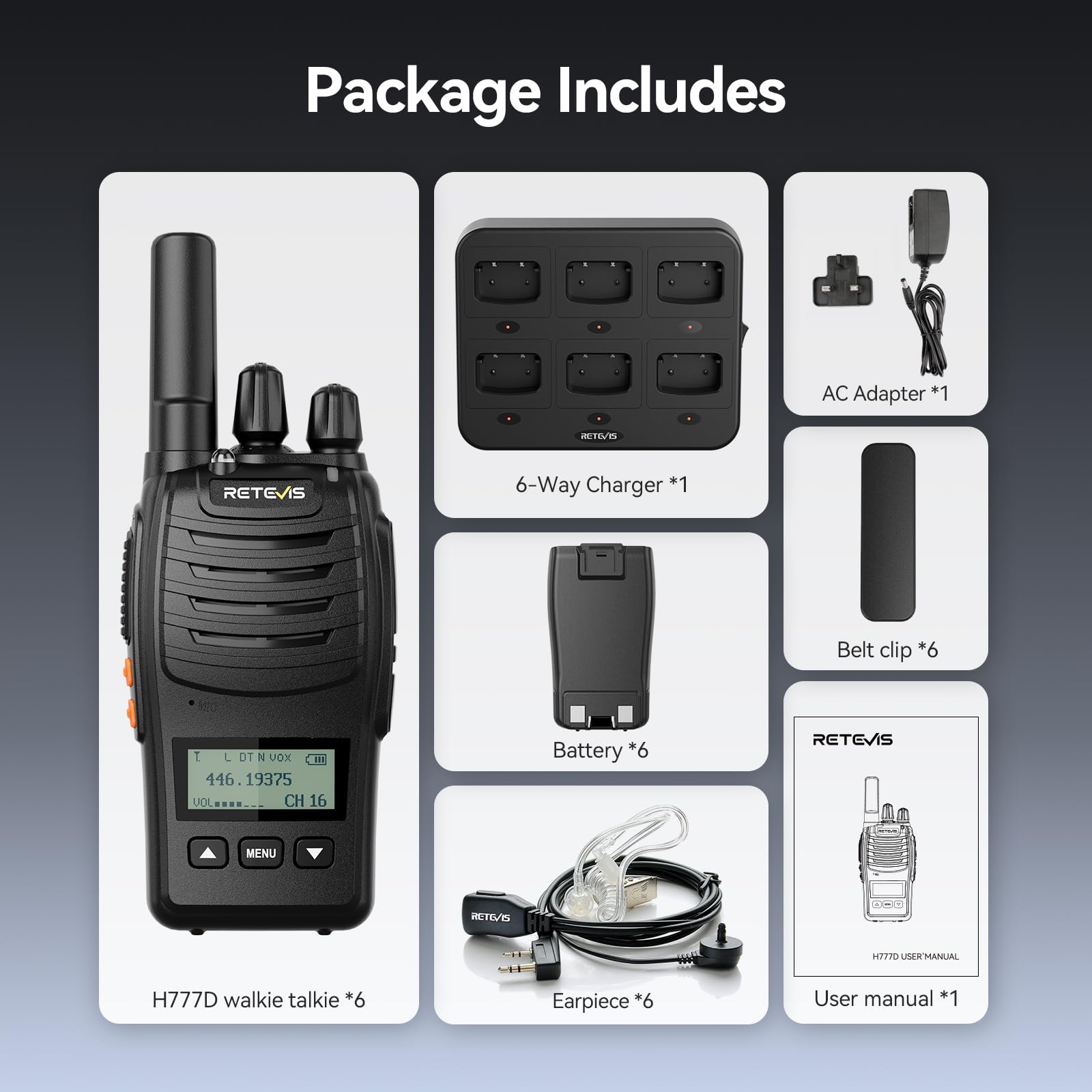 Retevis H777D Walkie Talkie z 6-drożną ładowarką, Ekranem LCD, ładowaniem Typu C i Bazą, 1200 mAh, łatwe Parowanie, Przenośne Radio Dwukierunkowe do Sklepów, Ochrona (6 Sztuk, Czarny)