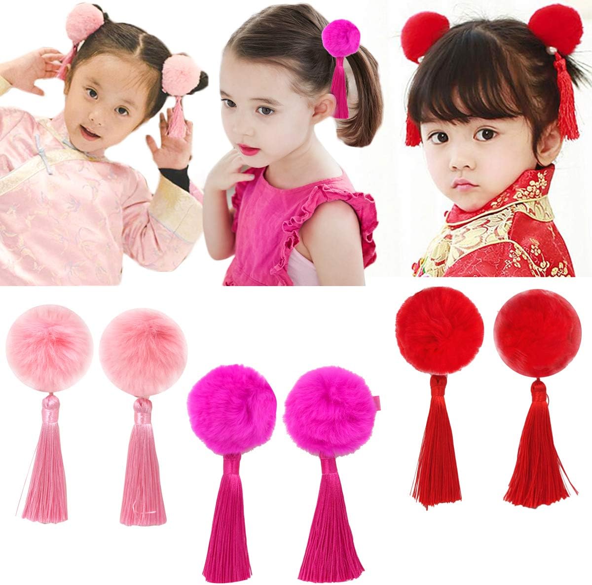 CÉLLOT Baby Girls Chinese Style Hairy Furry Balls Bows Tassels Hair Clips Barrettes for Kids Festival
