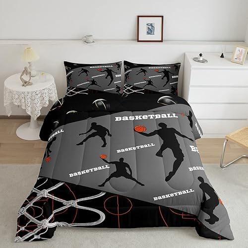 Erosebridal Juego de ropa de cama de baloncesto tamaño Queen, juegos de edredón deportivos para niños, color gris y negro, juego de ropa de cama de