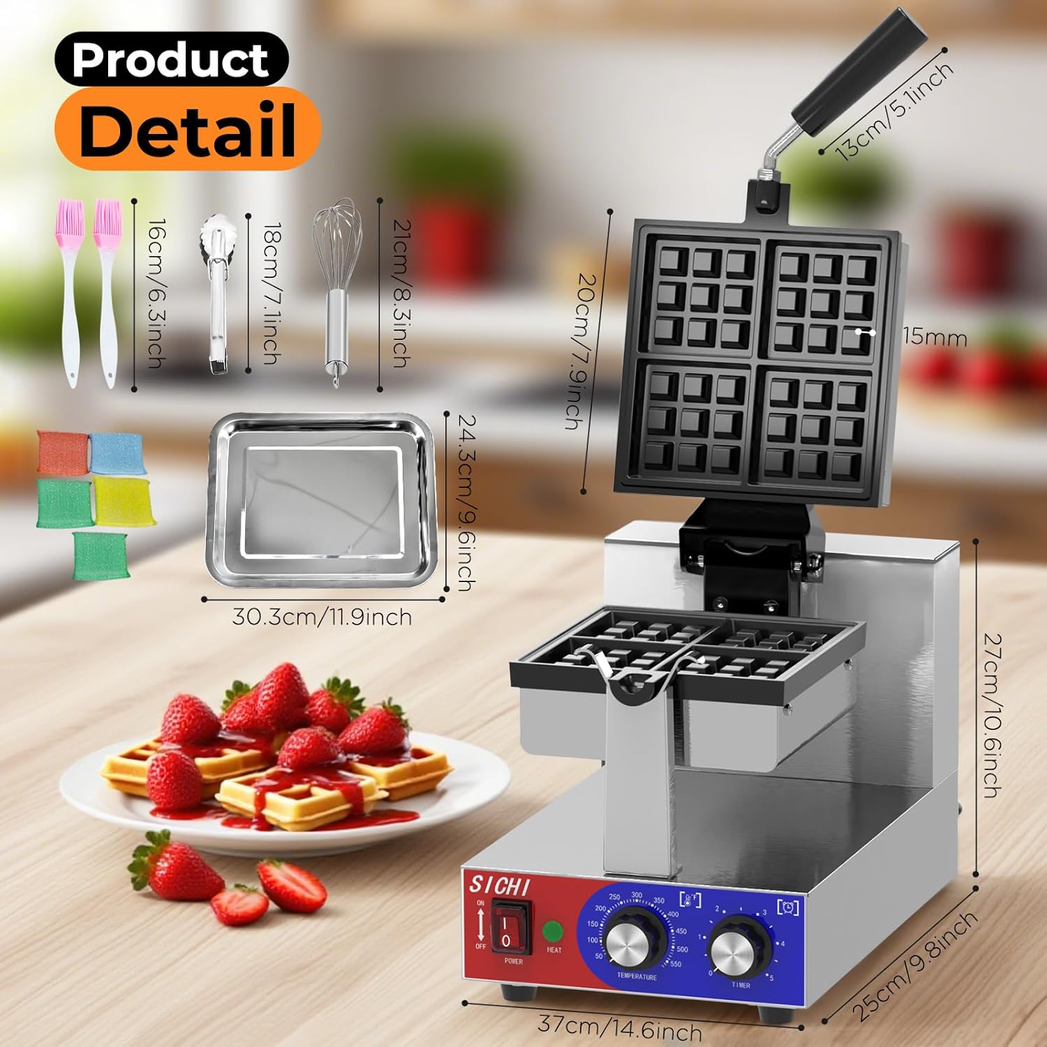 Commercial Waffle Maker -Belgian Waffle Maker w/Non-stick Baking Pan and 550℉ Heating, 1200W Rotating Waffle Iron for 1.2" Thick, Stainless Steel Square Waffle Machine for Hotel Restaurant