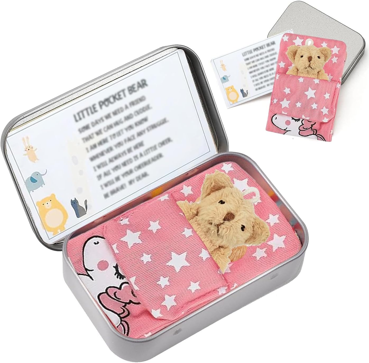 AWAVM Little Pocket Bear Hug,Mini Bear in a Tin Box,Pocket Bear Plush