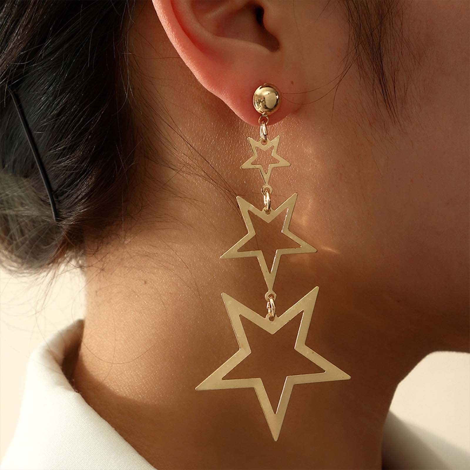 Orecchini Lunghi A Goccia Con Stelle E Nappe In Argento | Pendenti Tripla Stella Cava, Gioielli Donna A Tema Zodiacale, Accessori Punk E Alla Moda