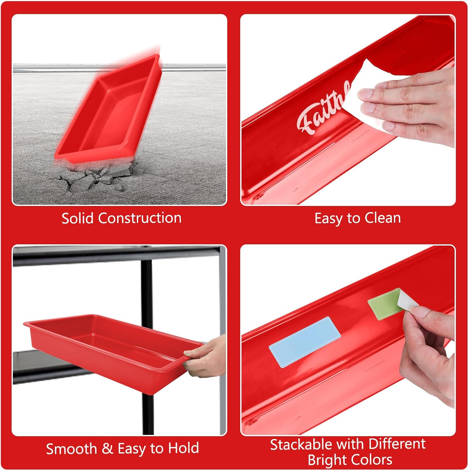 ShineMe 6 Pack Paper Trays for Classroom, Red Plastic Book Bins with Colorful Labels, Stackable Letter Size Storage Tray, Desk Organizer Tray for Home, School and Office