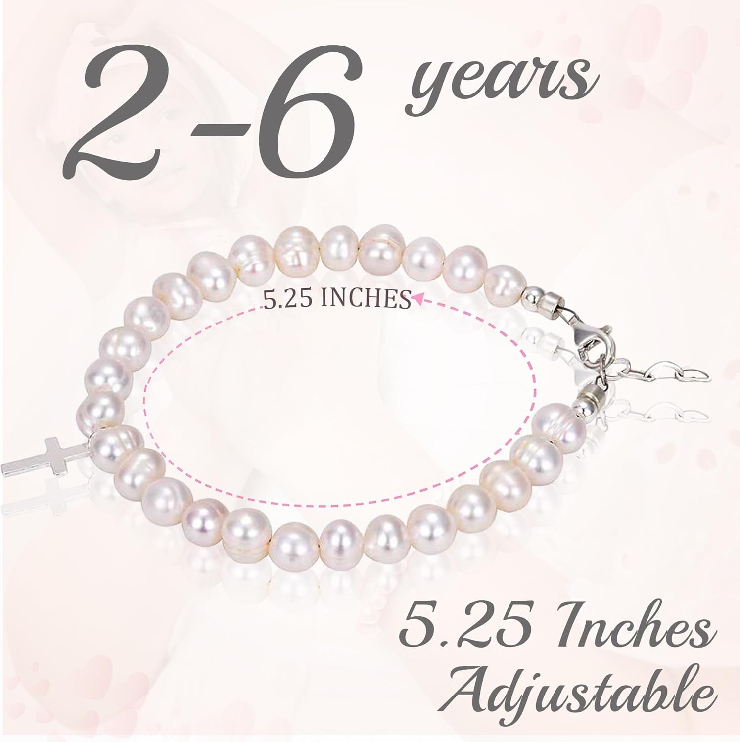 Baby Crystals Beaded Bracelets for Girls, Sterling Silver Cross Charm Bracelet White Cultured Freshwater Pearl, Baby Girl Keepsake, Christening, Baptism Gifts for Girl