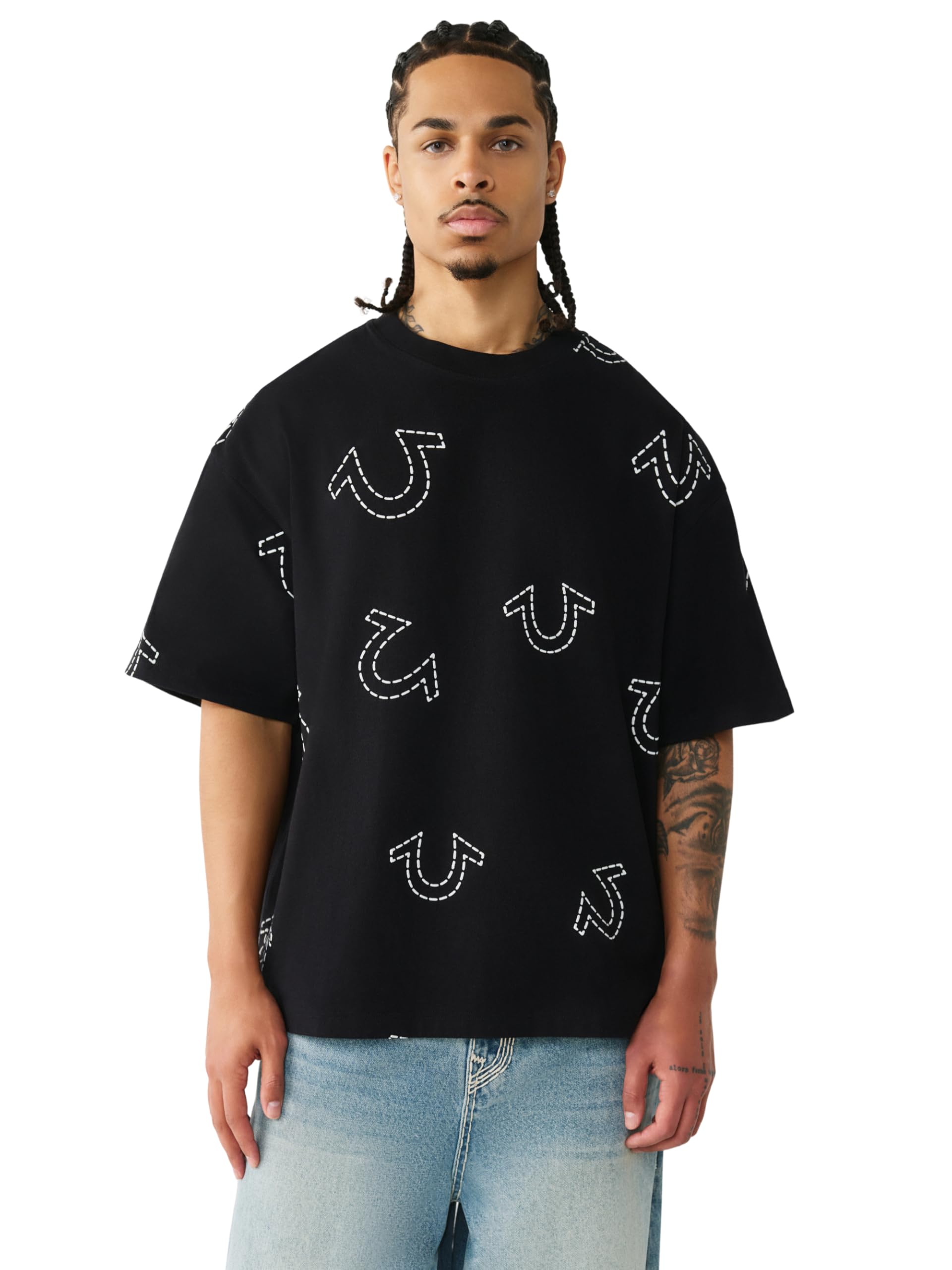 True Religion Men's Ss Hs Print Oversized Tee, Jet Black, XXL