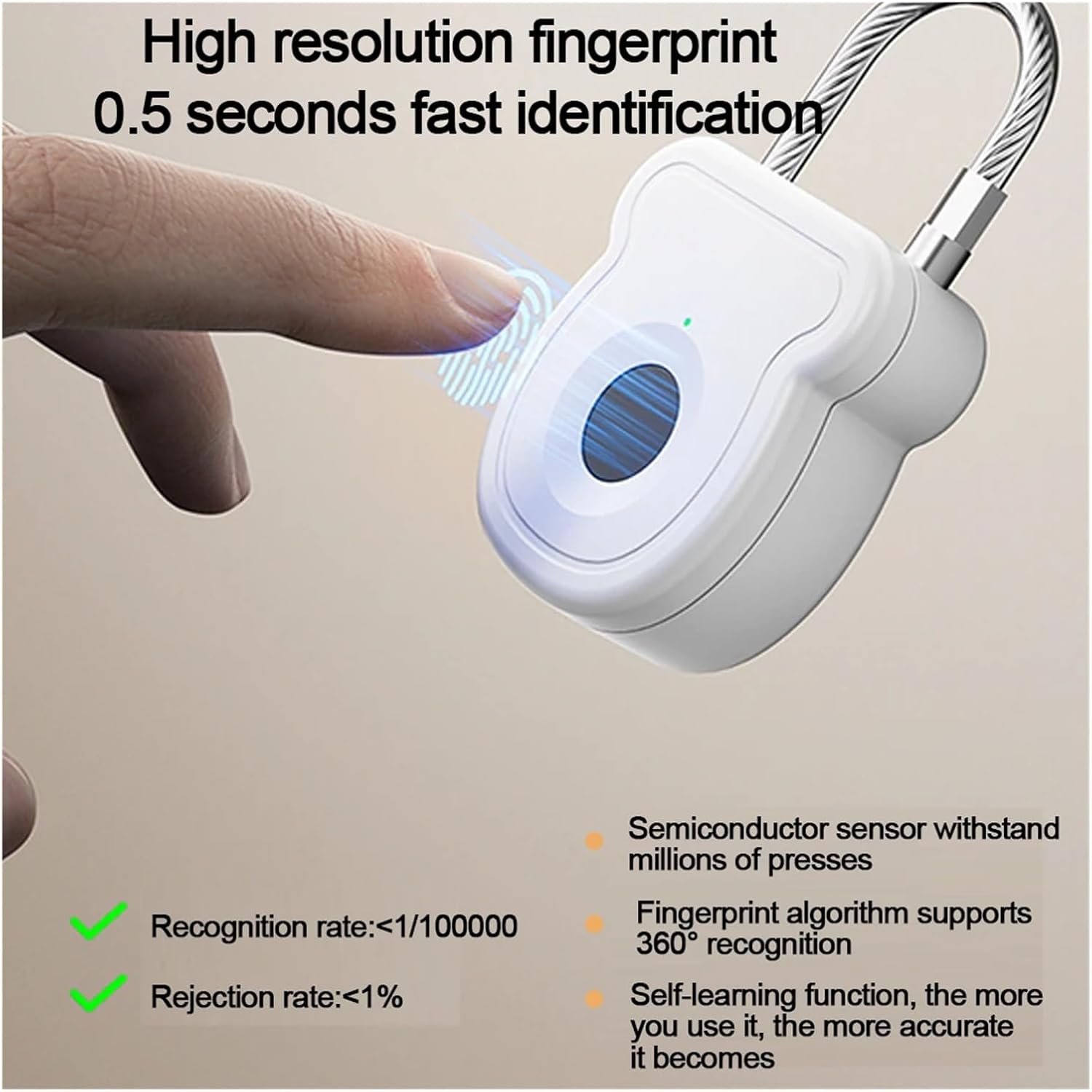 Smart Fingerprint Padlock Outdoor Luggage Fingerprint Lock Keyless USB Charging Door Lock 0.2sec Unlock Portable Anti-Theft Lock(Grey)