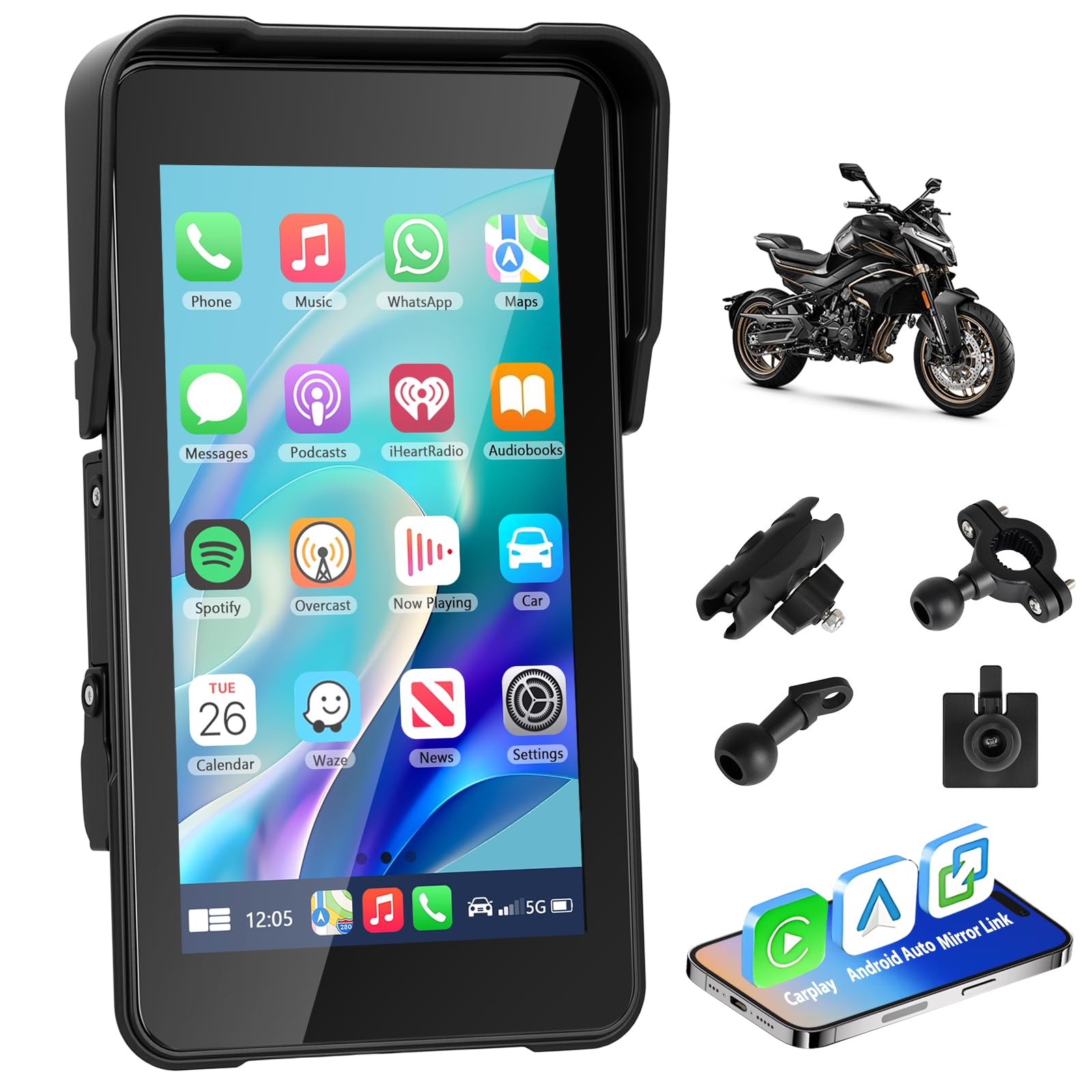 Écran Portable Carplay pour Moto, CarPlay sans Fil et Android Auto pour Moto, Écran Tactile Étanche de 5 Pouces avec Bluetooth, Navigation GPS, Siri/G00gle Assistant
