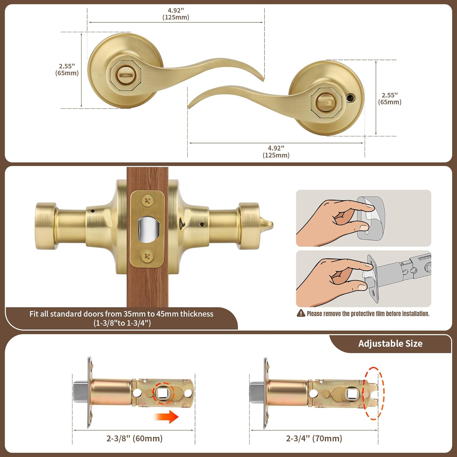 Moquin Privacy Wave Style Gold Door Handles with Lock (No Key), Brushed Gold Door Handles with Reversible Lever for Bathroom and Closet, Satin Brass